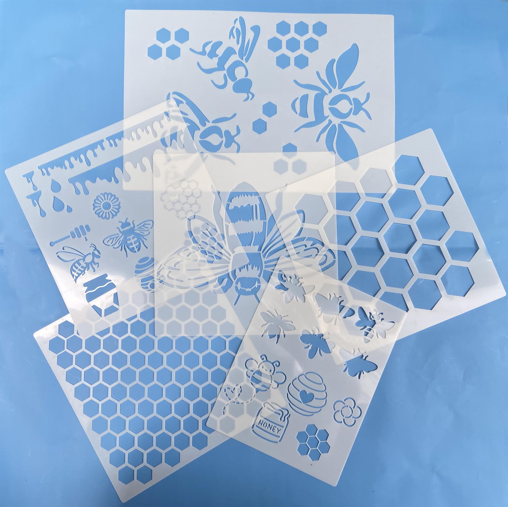 CSTYWC 6PCS Reusable Bee Stencils Bee Honeycomb Stencil for Painting on Wood Signs Furniture DIY Crafts Wall Canvas Fabric Plastic Drawing Template for Painting on Wood Tile Paper Fabric Floor Wall - Image 2