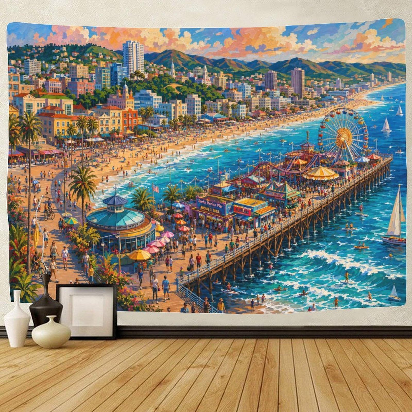 ASDFGHJKLZA Santa Monica Pier 3D Print Tapestry Wall Art Decor Wall Hanging Decor California Beach Tapestries Home Decoration Curtain Bedroom Living Room 130cmx150cm
