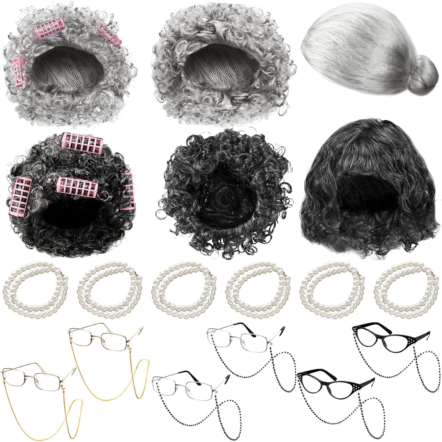 Ceenna 18 Pcs Old Lady Wig Costume Set Grandma Wig Granny Glasses Halloween Costume for Women Old Lady Cosplay Dress Party