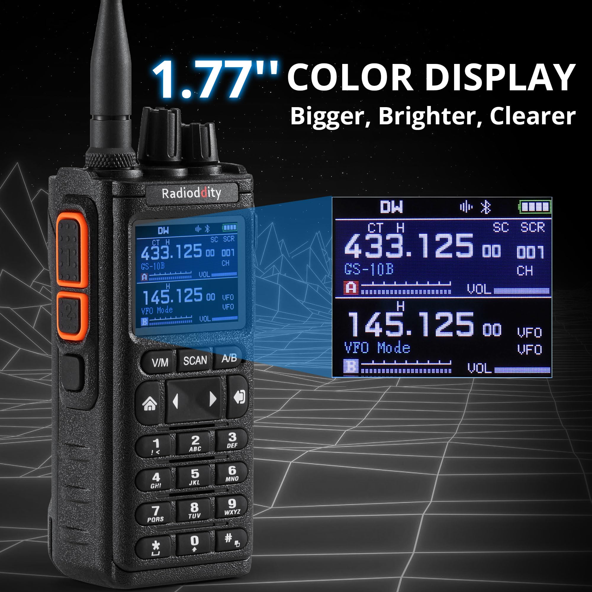 Radioddity GS-10B Radio Ham 8W, Radio Bidireccional Largo Alcance con Programación App Inalámbrica, UHF VHF FM Aviación, Dual PTT, Batería 2500mAh & USB-C, Reducción Ruido & Sincroniz de Canales