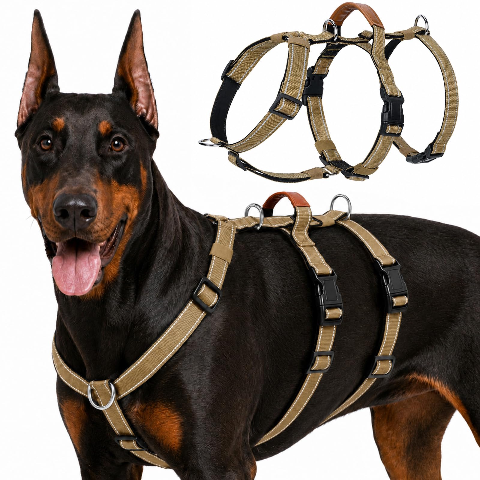 Dog Harness Escape Proof, Reflective Adjustable Dog Harness, No Pull Comfortable Pet Vest with Soft Padded Handle, Durable Breathable Harness for Medium Large Breeds Training Walking (Khaki, L)
