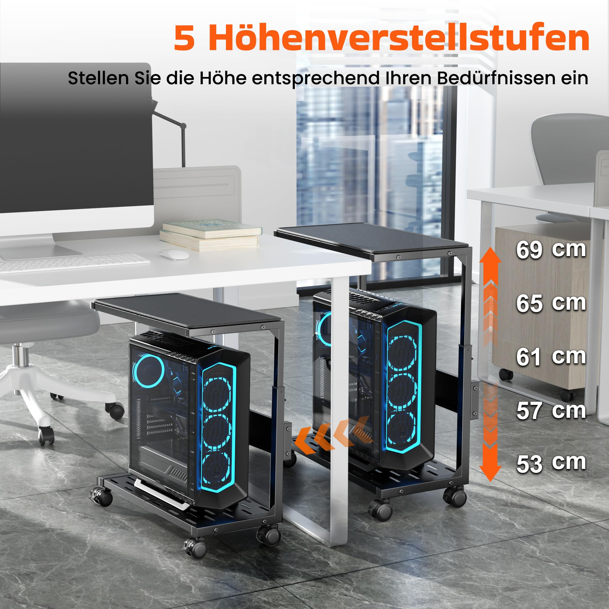 Aquzee PC Ständer, Höhenverstellbarer Computer Tower Ständer, Metall PC Rollwagen, Computer Stand Beistelltisch Schwarz, 2 Regal PC Halterung Unter Schreibtisch, Computerschrank für Gehäuse