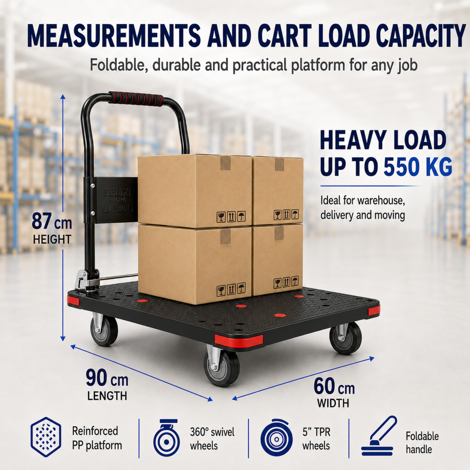 Carrello Piattaforma Pieghevole Supporta 550 kg Nero, Ruote TPR 5" | Carrello di Trasporto per Magazzino e Traslochi