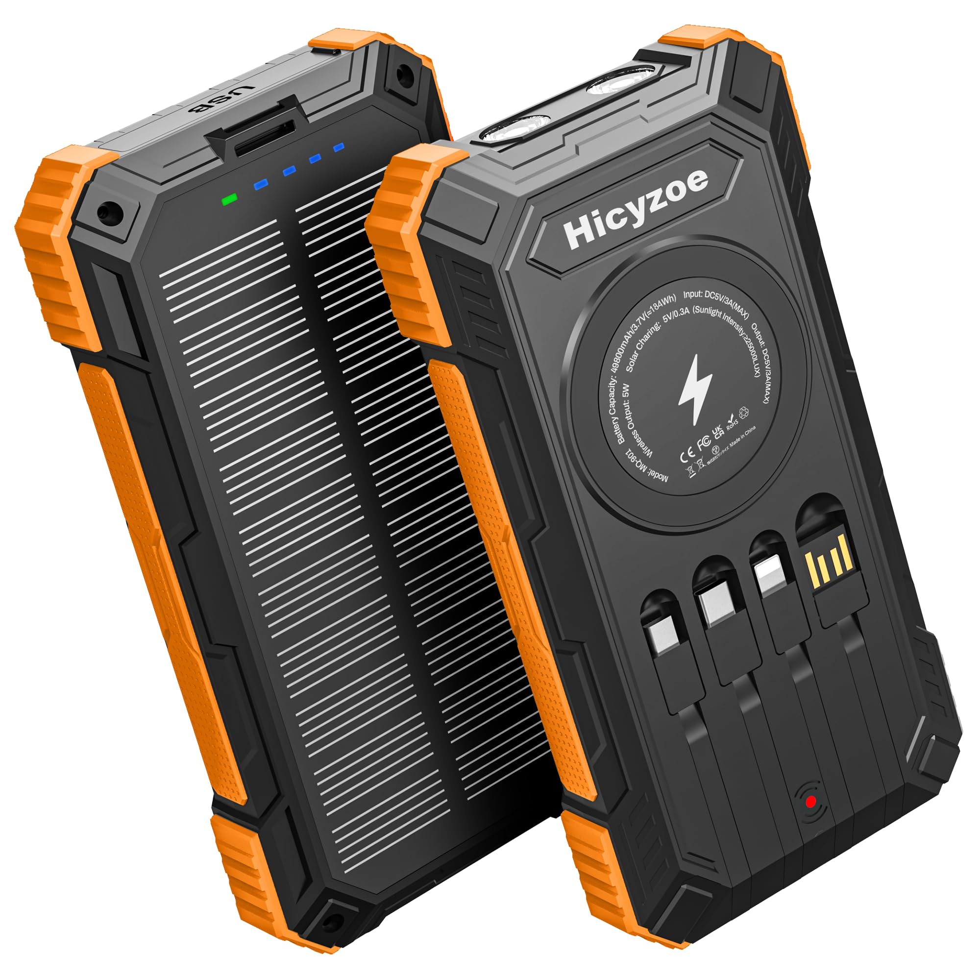 Solar Power Bank, 49800mAh Power Bank, Wireless Portable Charger, 15W QC3.0 Fast Charging External Battery Pack with 4 Built-in Cables, USB-C in/Output, with Dual Flashlights for Outdoor (Orange)