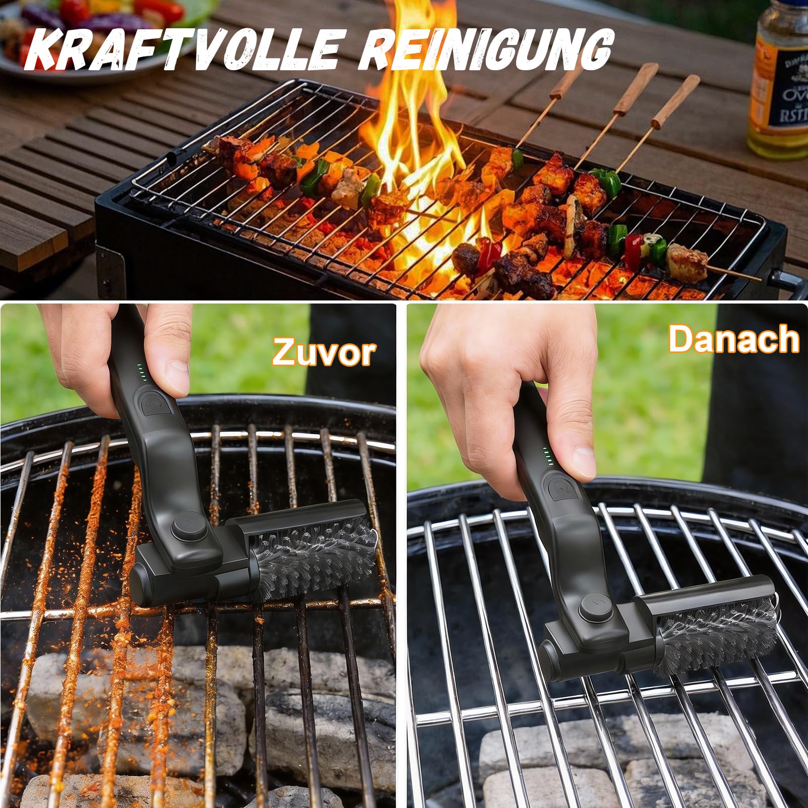 Elektrische Grillbürste Akku mit 180° verstellbarem Winkel, kabellos Wasserdicht Grillreiniger für Holzkohlegrill, Edelstahl Bürstenkopf, 3 Stufen Reinigung, BBQ Zubehör