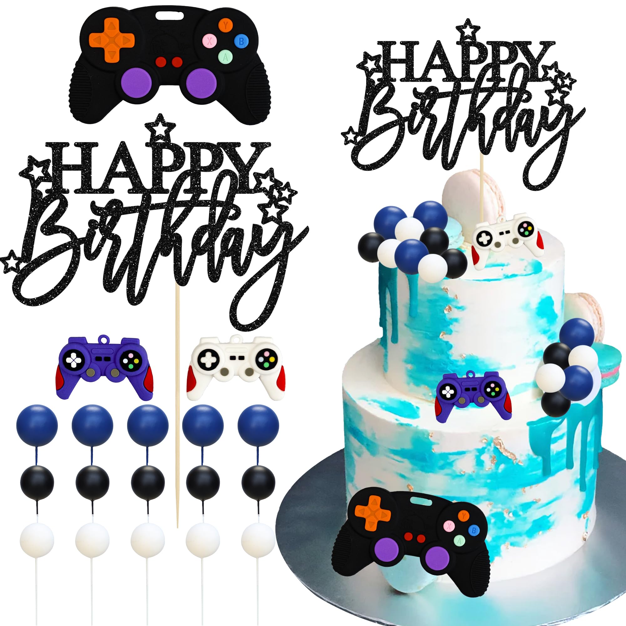 Gyufise 19Pcs Video Game Cake Toppers Decoration Happy Birthday Foam Ball Controller Cake Decorations for Boy Girl Men Women Game Theme Birthday Party Supplies Black Blue White