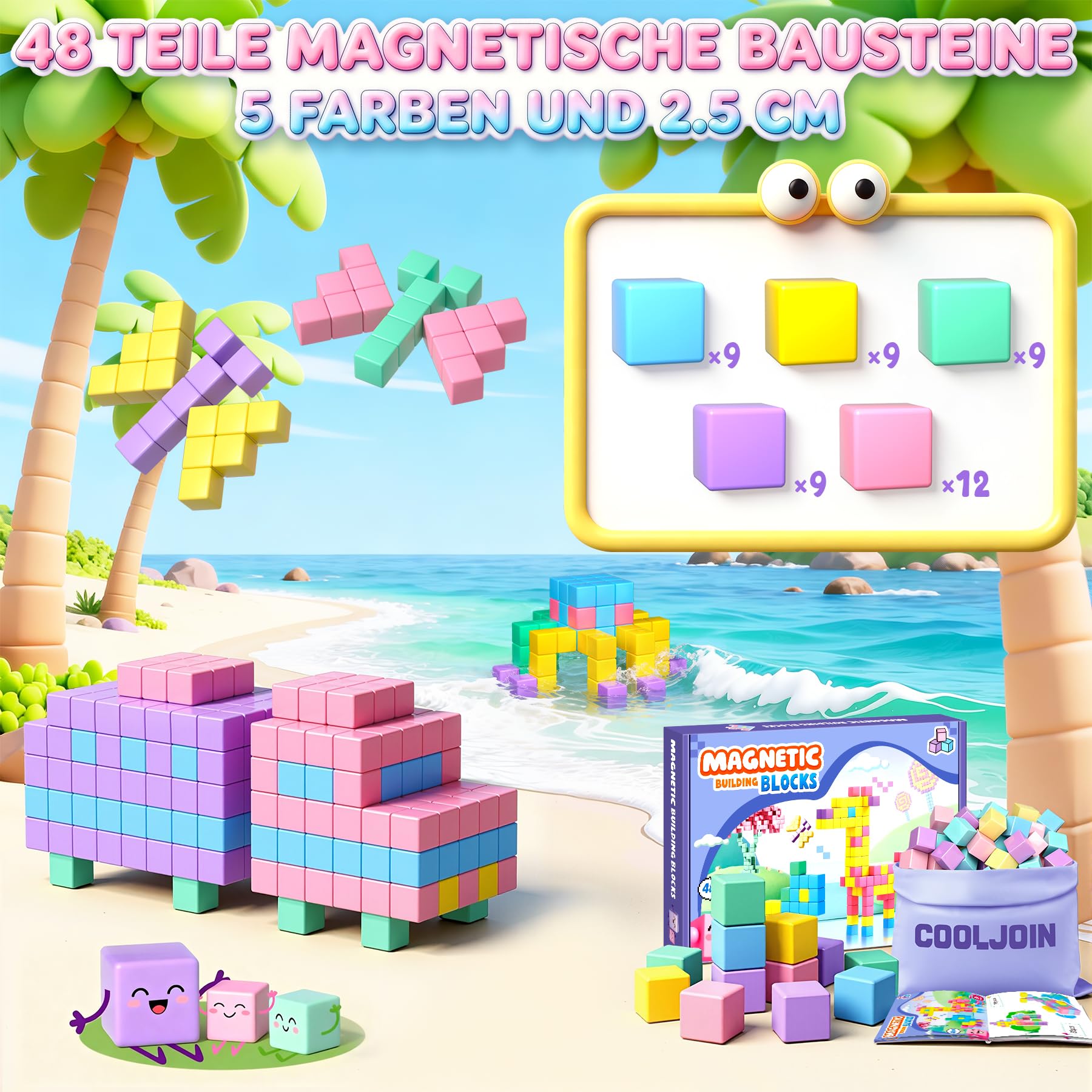 Magnetische Bausteine 48PCS Montessori Spielzeug ab 3 Jahre Kreatives Magnetspielzeug Set mit Aufbewahrungstasche