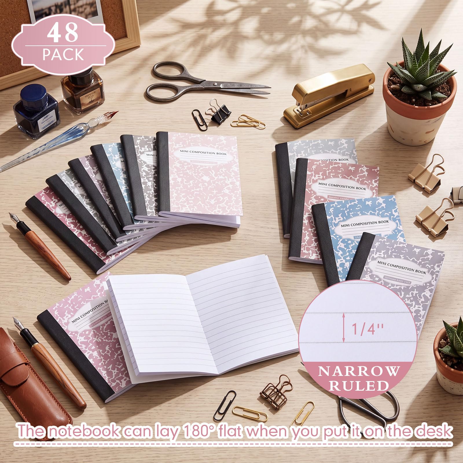 Colarr Confezione da 48 mini quaderni per composizione, copertine in marmo assortite, 11,4 x 8,1 cm, a righe strette, mini quaderni in marmo per scuola e ufficio, 120 pagine (60 fogli), 12 colori