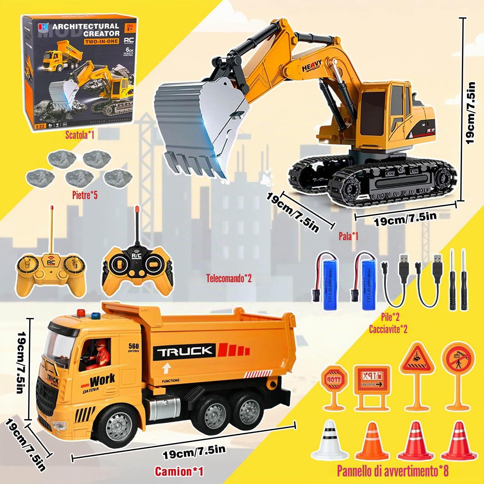 Escavatore Radiocomandato e Camion Ribaltabile Telecomandato, 2 RC Veicoli da Costruzione con Segnali Stradali, Barriere, Pietre Simulate, Luci e Rumori, Regalo di Compleanno per Bambini 6 Anni