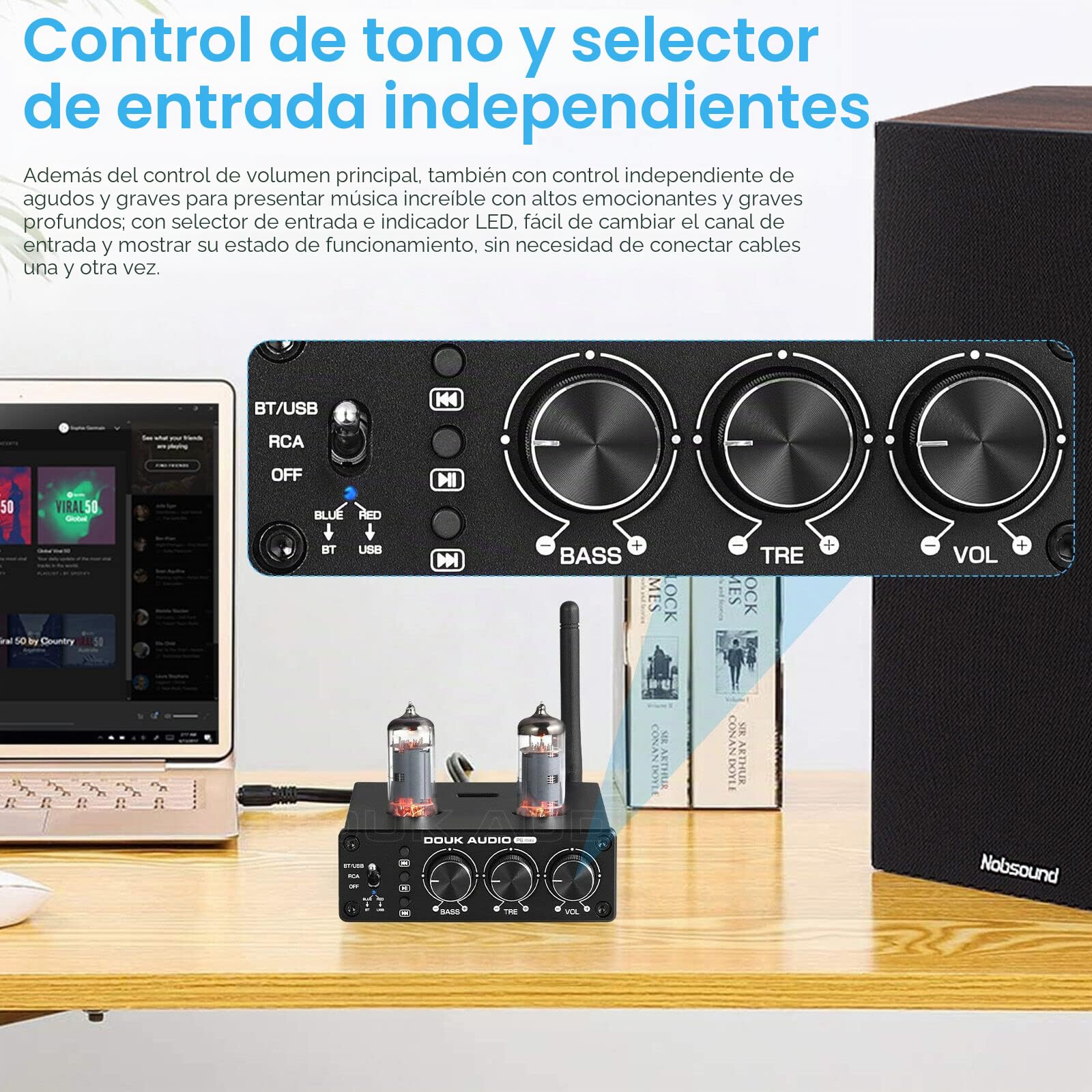 Douk Audio P6-mini HiFi Preamplificador de tubo Bluetooth Mini preamplificador de válvula estéreo Preamplificador de tubo con control de graves agudos para sistema de cine en casa