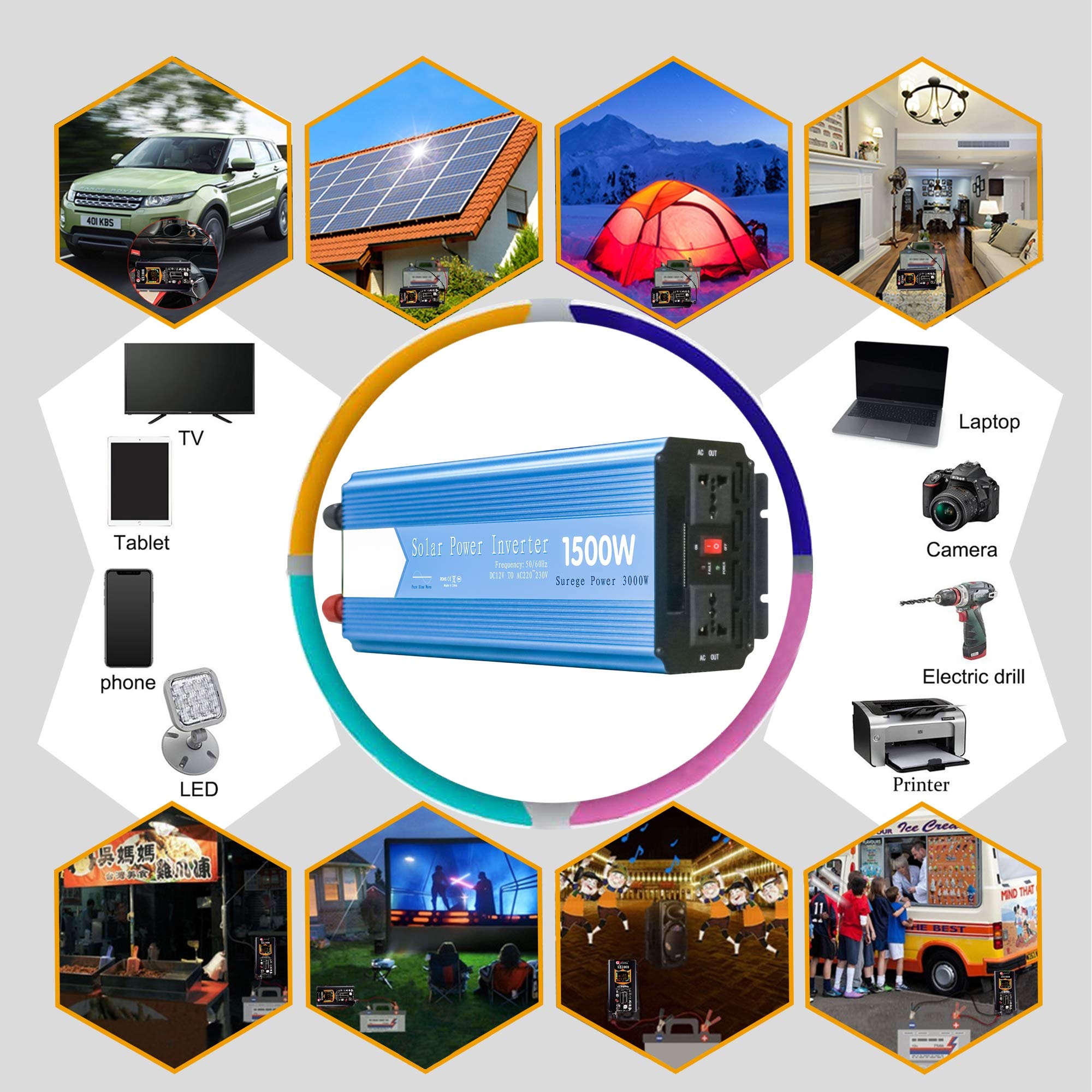 1500 W Reiner Sinus-Wechselrichter, 3000 W Spitzen-Auto-Wechselrichteradapter DC 12 V / 24 V Bis AC 220 V, Mit Zwei Wechselstromsteckdosen,DC 24V to AC 110V