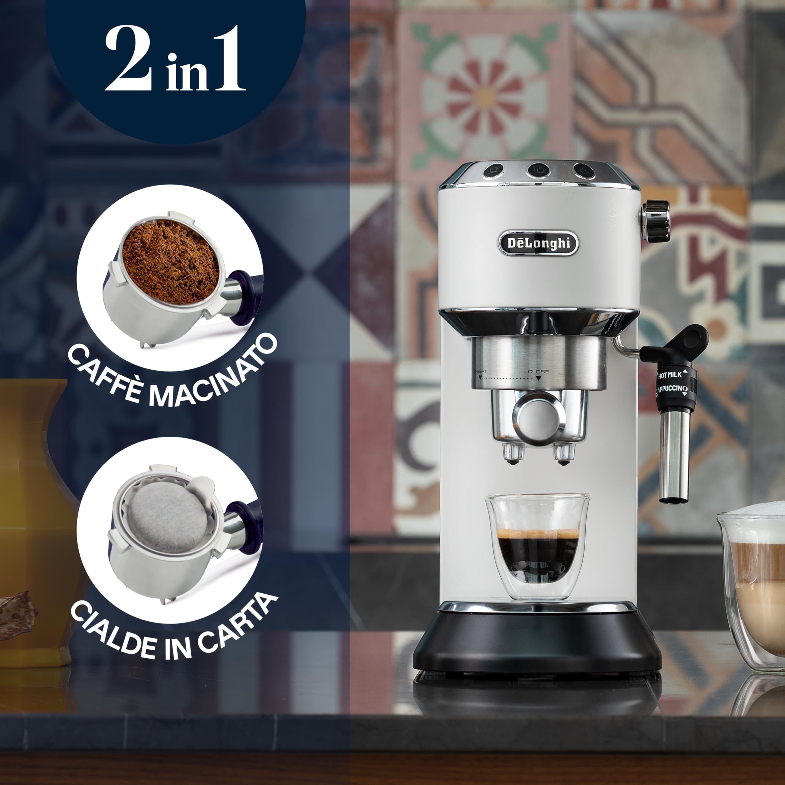De'Longhi Dedica EC685.W Macchina Caffè Espresso Manuale, Caffè Polvere o Cialde E.S.E., Montalatte classico per Cappuccini, Spegnimento Automatico, Serbatoio 1L, Filtro Singolo/Doppio, Bianco