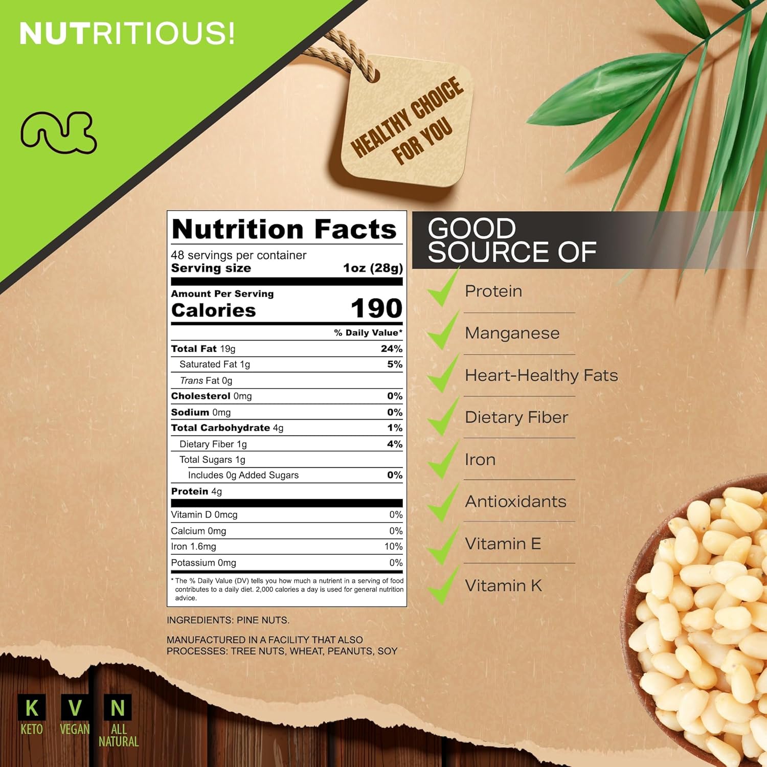 NUT CRAVINGS - Raw Pine Nuts Pignolias, Unsalted, Shelled, (48oz - 3 LB) Bulk Nuts Packed Fresh in Resealable Bag - Kosher Healthy Snack, Food Assortments Ideal for Trail Mixed Nuts