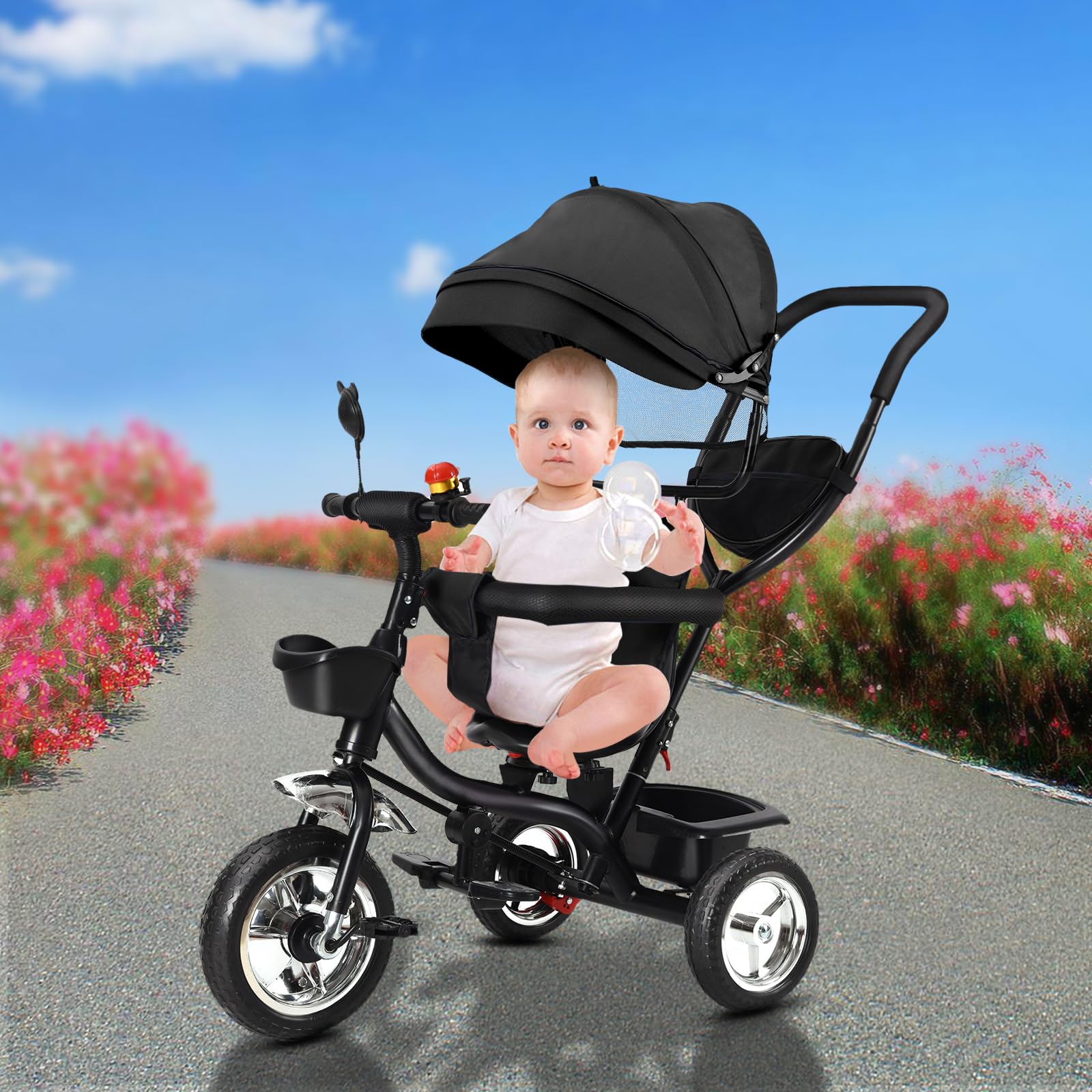 OHMG Tricycle bébé évolutif 5 en 1 vélo Poussette bébé avec poignée de poussée, auvent Amovible, Ceinture de sécurité à 5 Points, Rangement, Repose-Pieds, Frein, pour Enfants de 1 à 5 Ans