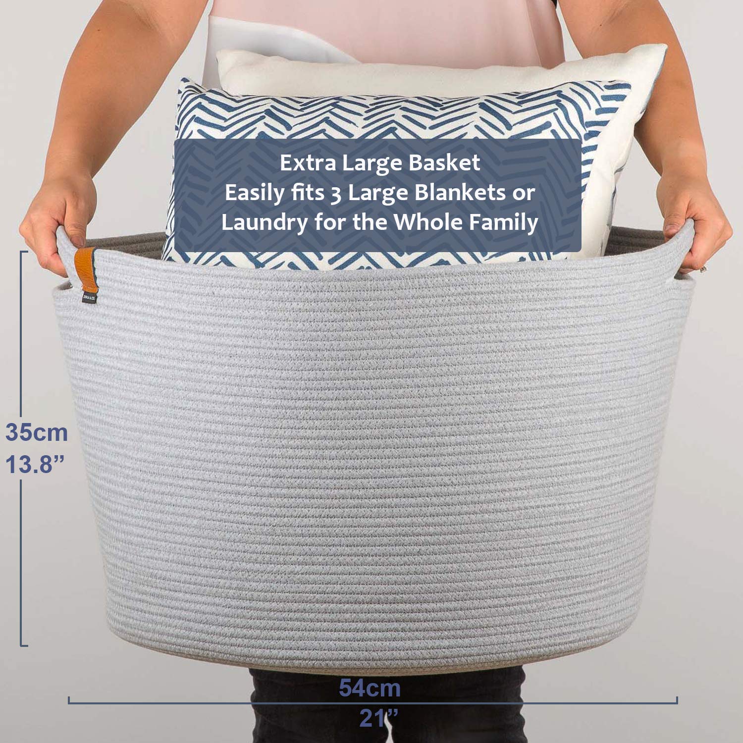 DENJA & CO Extra Large Blanket Basket for Living Room - Decorative Woven Baskets for Storage | Cotton Rope Large Baskets for Blankets, Pillows, Toys, or Laundry | Light Gray (21 inches x 13.8 inches)