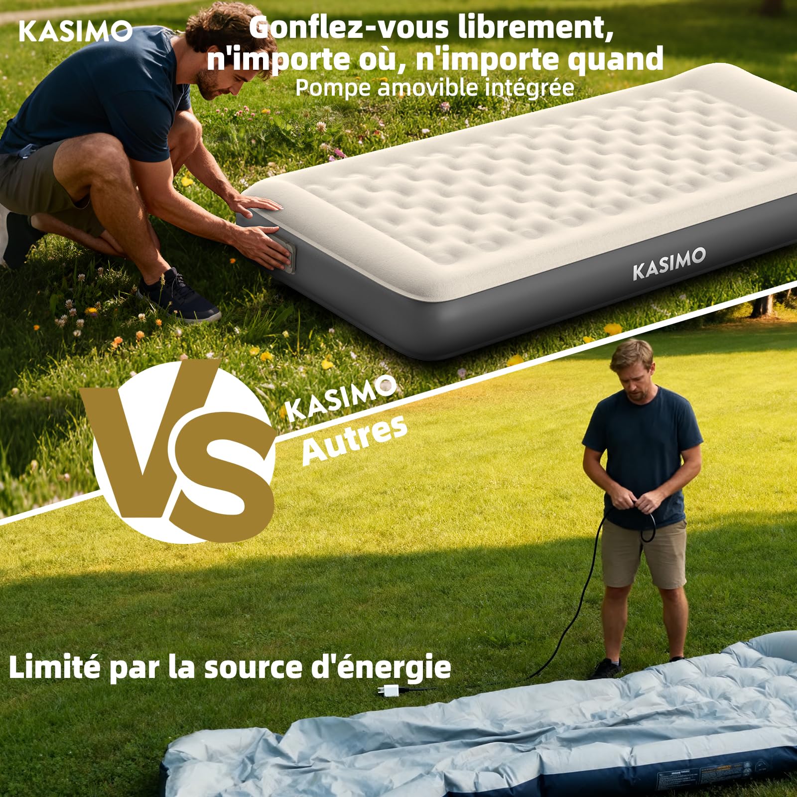 KASIMO Matelas Gonflable 1 Place, Pompe Électrique sans Fil Intégrée, Matelas Gonflables TPU Matériau, Gonflage Rapide 2 Min, Lit Gonflable 90x190x22cm pour Camping et Invités