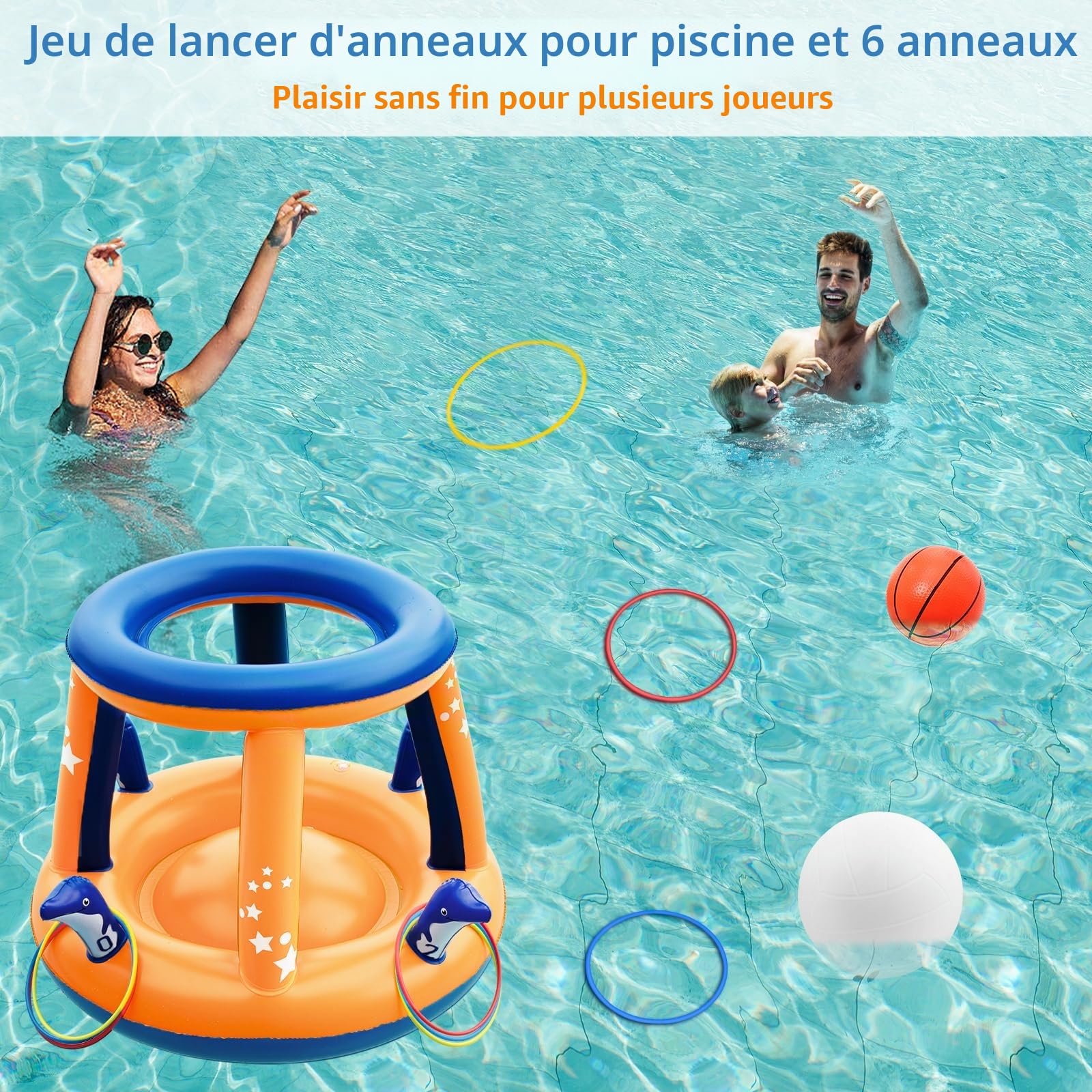 Jasonwell Ensemble de Jouets de Piscine – Set 3 en 1 Filet de Volleyball de Piscine Panier de Basketball Jeu de Lancer d'Anneaux Flotteurs Gonflables Eau Volleyball Flottant Jeux de Piscines de