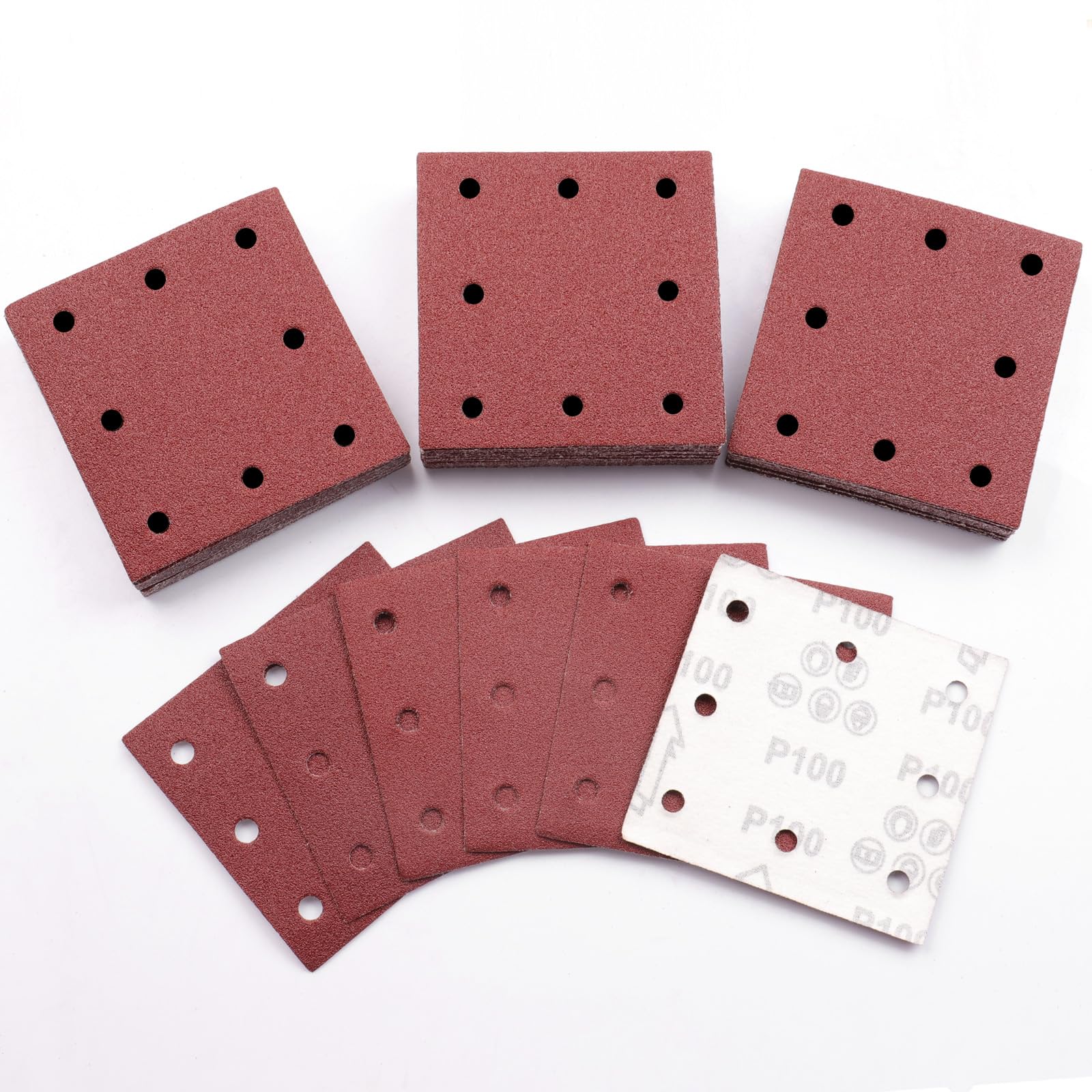 Sruhrak 50 Pezzi Carta Abrasiva Kit, 110x115mm Fogli Levigatrice 100 Grana 8 Fori Carta Vetrata Rettangolari per Levigatrice Orbitali Casuali