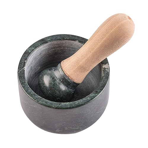Mortero de piedra de mármol y mortero fijado como especia, amoladora de medicina estándar verde