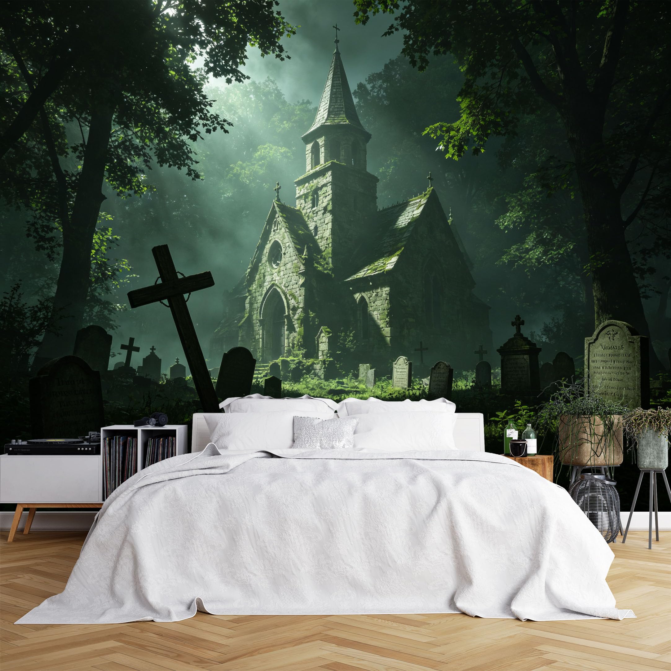 Lcythiazole Ch260615127 Custom Size Wall Murals Sunbeam Mossy Old Church Graveyard Forest Wall Murals Realistic Dark Scenery Wallpaper Wall Stickers Self-Adhesive Removable Wallpaper For Entryway