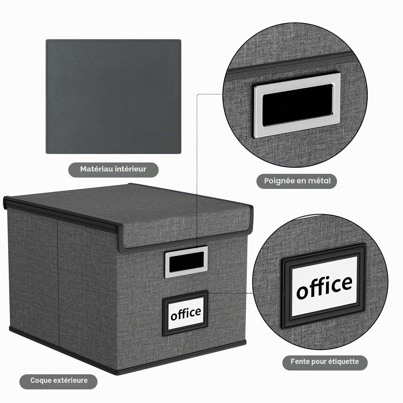 FINEW Lot de 4 boîtes de rangement pliables en tissu avec couvercle - Pour dossiers suspendus au format A4 - Boîtes de rangement pour bureau - Boîte pliante pour famille - Gris foncé