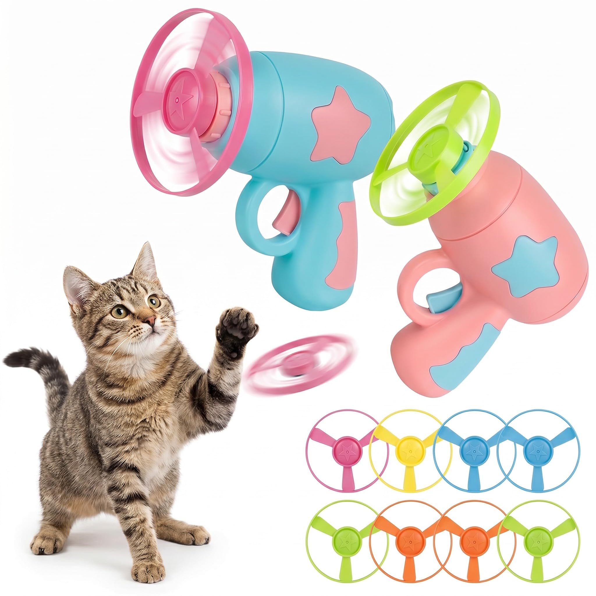 Interactive Cat Toy Flying Disc Launcher, 2 Shooters Compact Size