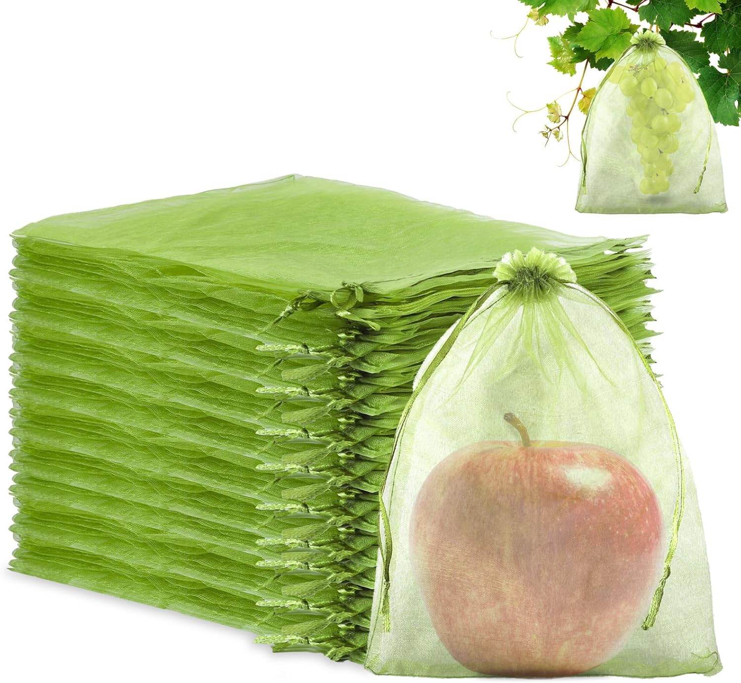 100pcs Fruit Protection Bags 8x12 inch,Green Mesh Bags Drawstring Fruit Protectors Pest Barrier for Grapes Trees & Party Favor, Candy, Jewelry Drawstring, Christmas Gift Bags, Wedding Mesh Goodie Bags Green 8x12 inch