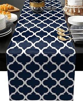 Cotton Linen Table Runners 13 x 108inch, Navy Blue Moroccan Non-Slip Table Top Decor Bed Runners for Kitchen/Farmhouse/Hotel All Season Use, Geometric Quatrefoil Checker 108inches Long