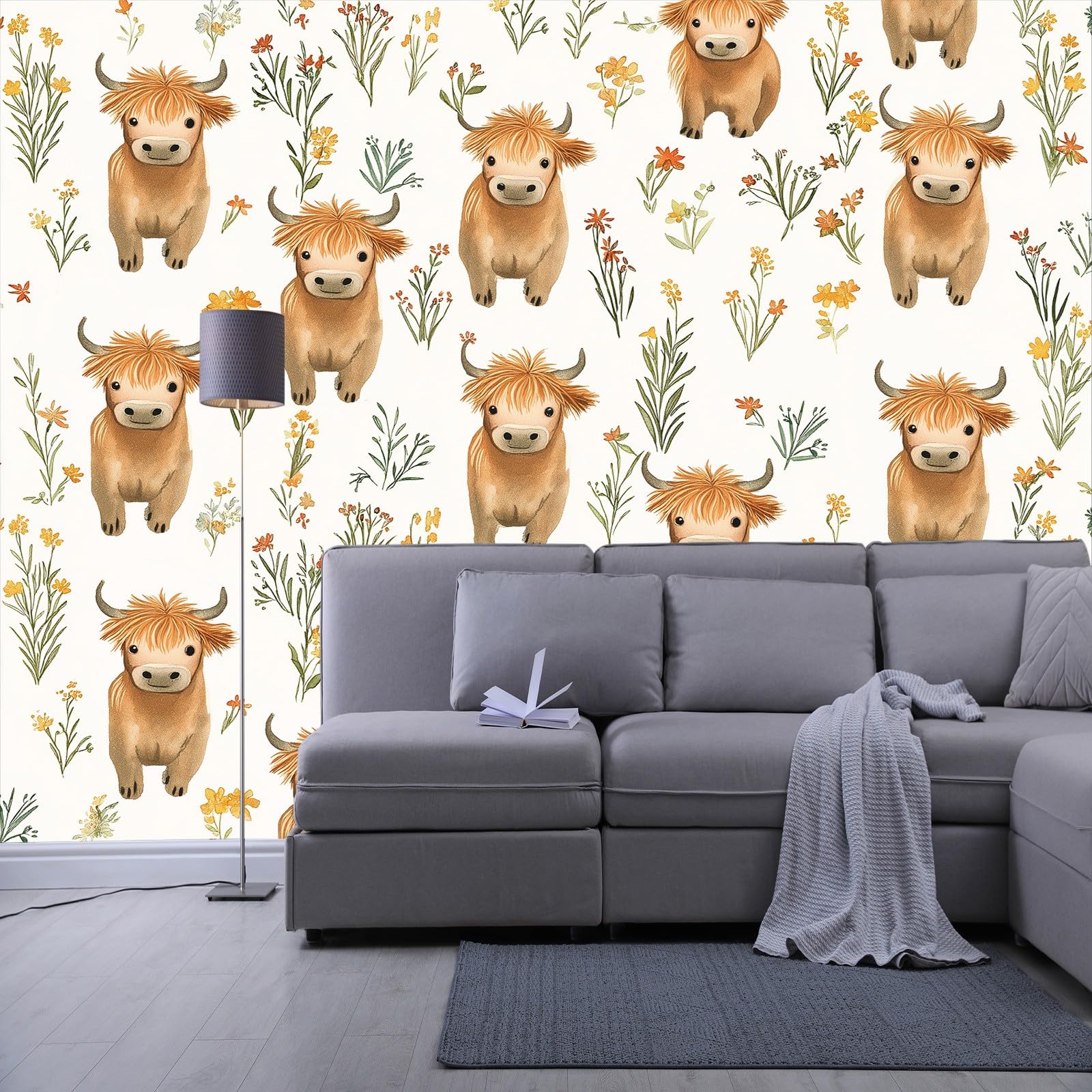 Tapeta ścienna z motywem zwierzęcia z kreskówki, wołowina górska, fototapeta, zwierzęta z kreskówki, tapeta ścienna, 400 x 280 cm (szer. x wys.), dekoracja ścienna, tapeta ścienna, tapeta z włókniny