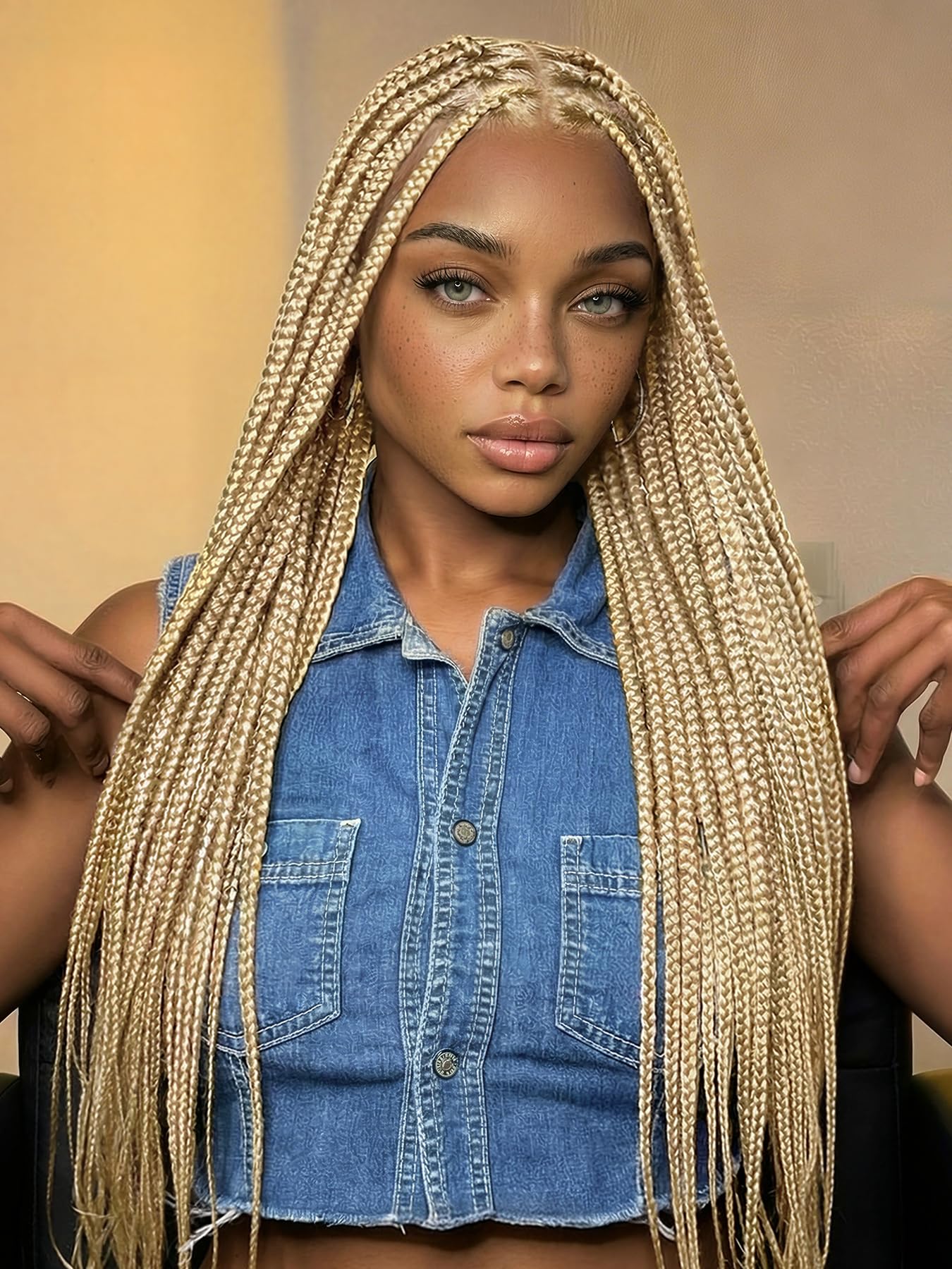 Photo 1 of FANCEE Real Full Lace Braided Wig for Black Women Blonde 34 Inch Pre Plucked Knotless Squrare Part Box Braid Twist Locs Wig with Baby Hair