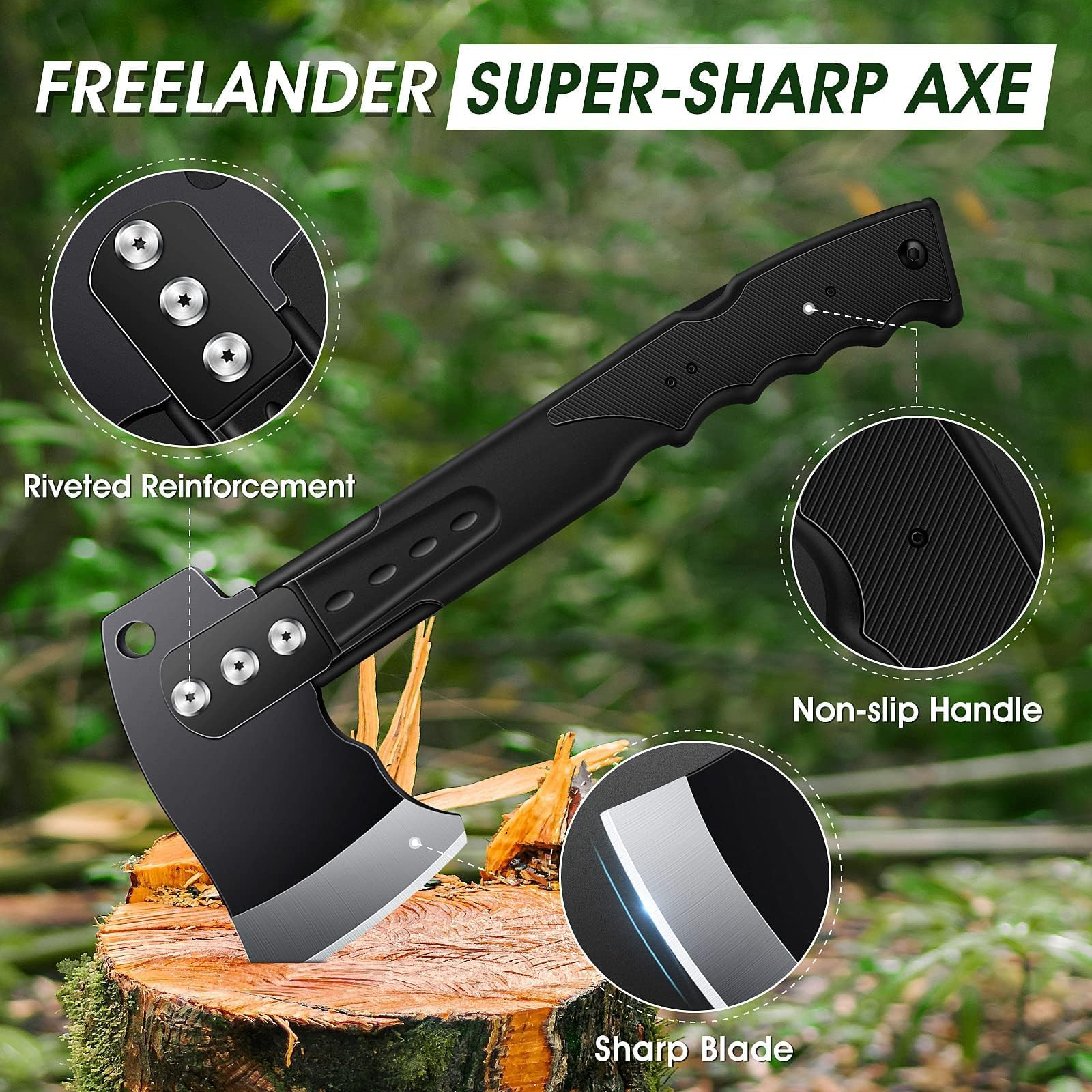 Freelander Scharfe Axt 5-in-1 mit Säge, Camping Beil mit Scheide und Pfeife, 34CM Camping Axt, Spaltaxt Outdoor, für Camping Wandern Survival, Schwarz