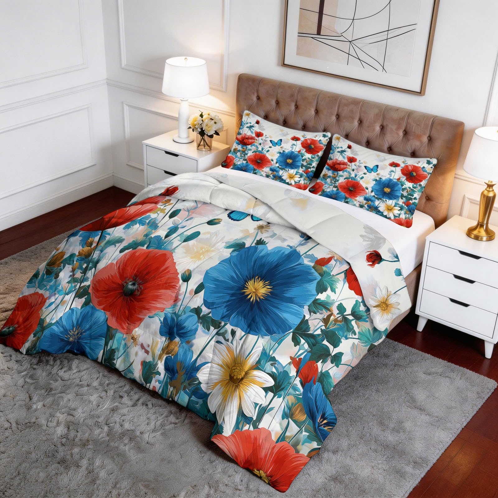 Trapunta Copriletto 150x200 cm Campagna fiori farfalle Trapuntino 4 Stagioni Stampa 3D, Trapunta Inverno Estivo, Trapuntato Coperta Letto per Adulti Bambini