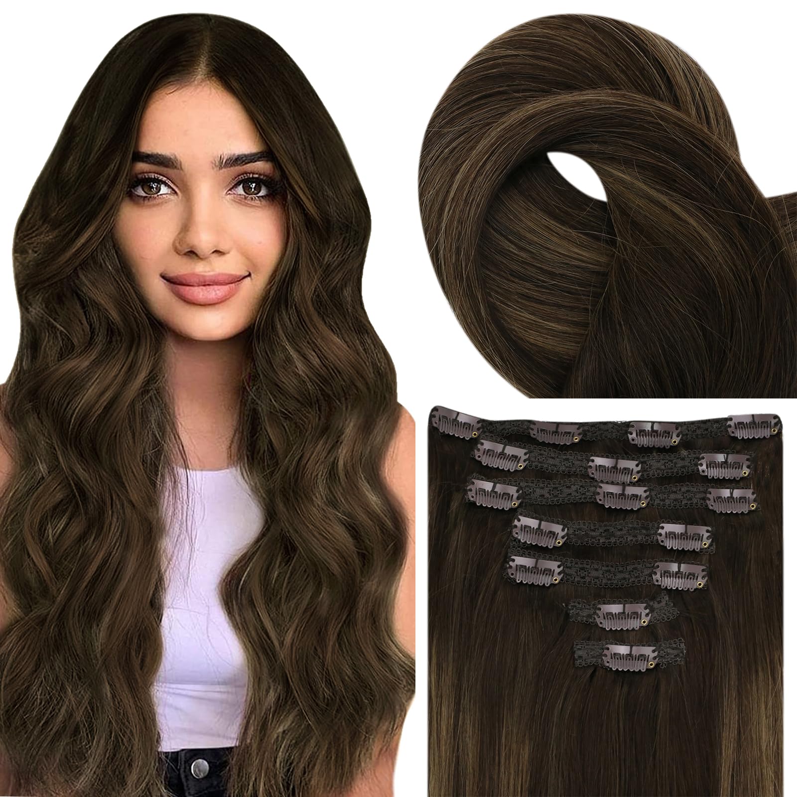 Fshine Extension Capelli Veri Clip 40.6cm 120g 7pcs Castano Scuro Con 8 Castano Medio e 2 Marrone Scuro Hair Extension Clip Capelli Veri Capelli Morbidi