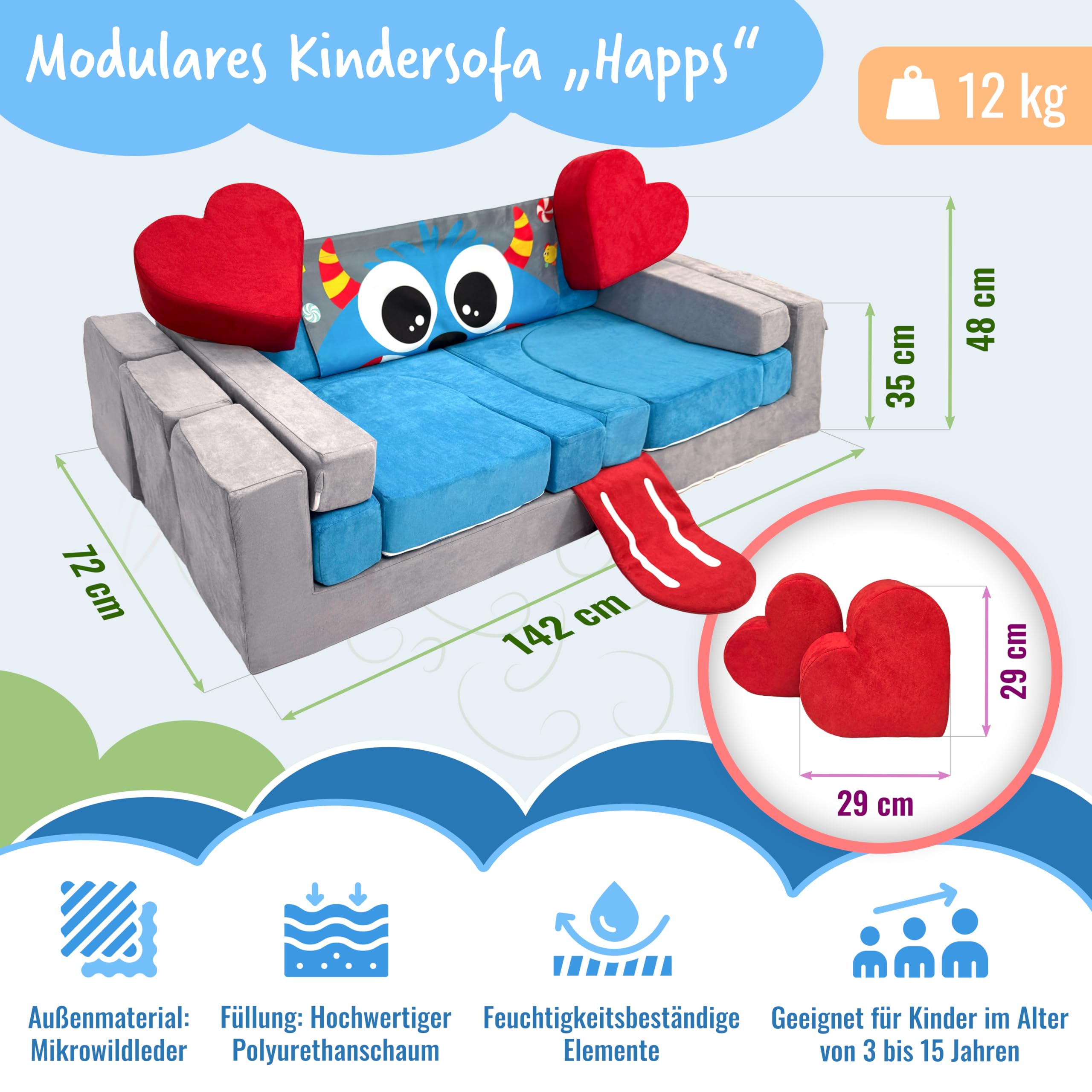 HAPPS Spielsofa – modulares Kindersofa & Kuschelecke – 18 Teile, 12 cm Polsterdicke – waschbare Bezüge & verdeckte Reißverschlüsse – Spielcouch zum Bauen, fördert Kreativität