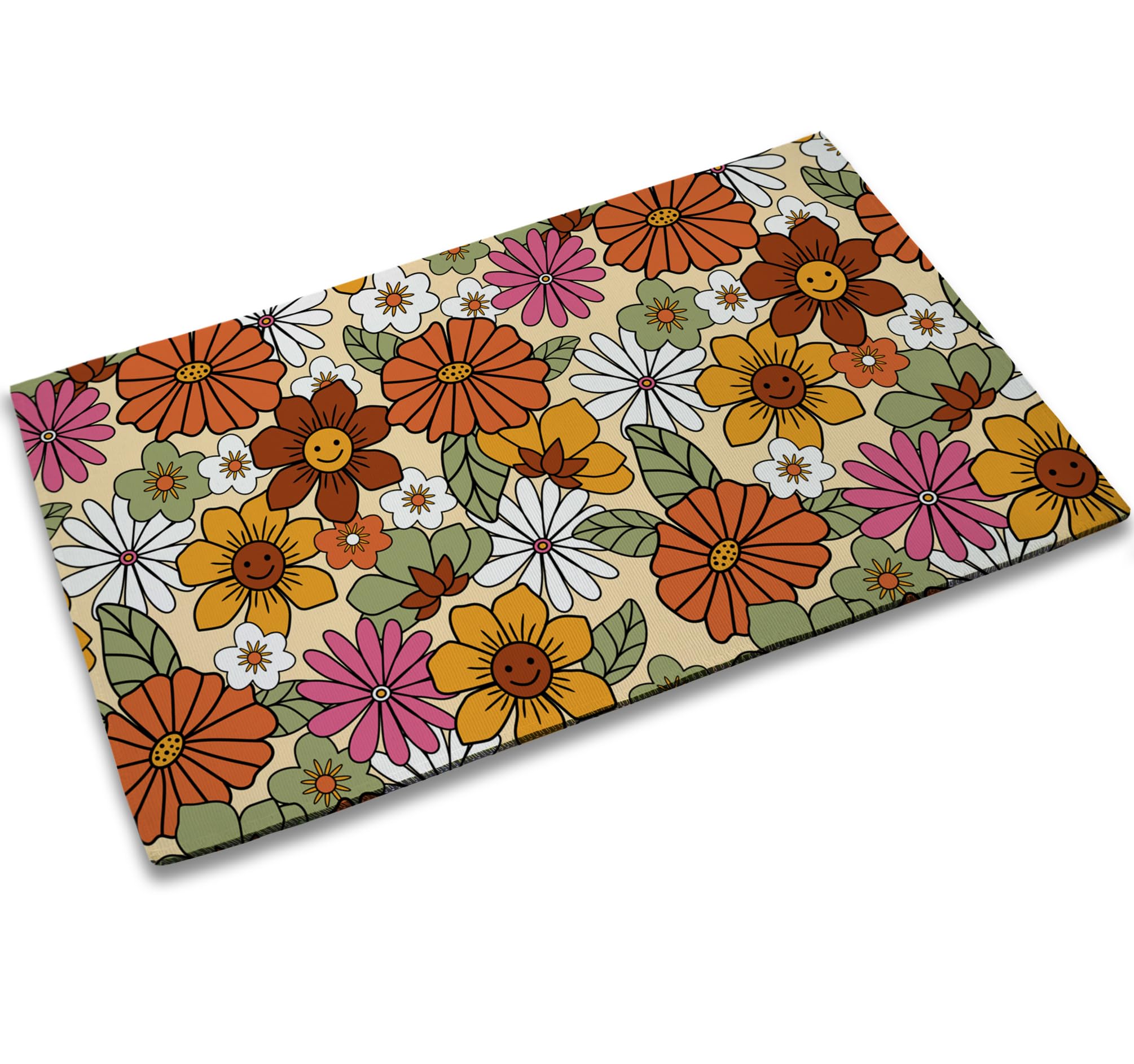 TUBAMQ Welcome Doormat 70s Vintage Floral Door Mat with Non-Slip Backing Indoor Outdoor Welcome B Door Mat for Entryway Porch Spring Summer