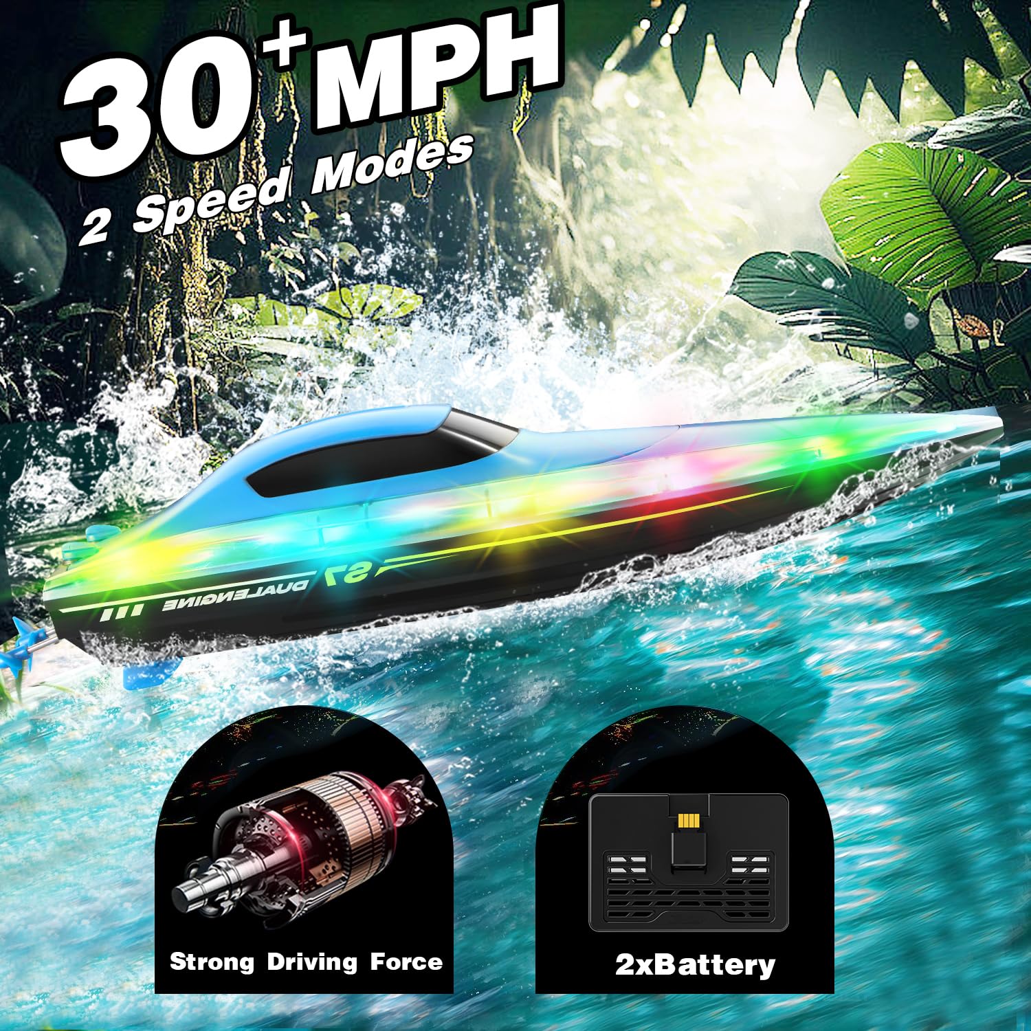 4DRC S7 RC Boat for Adults & Kids, High-Speed at 30KMH with 7 Mode LED Lights, Remote Control Boat for Pools and Lakes, 2 Rechargeable Batteries, Ideal Water Play Toy Gift for Boys & Girls