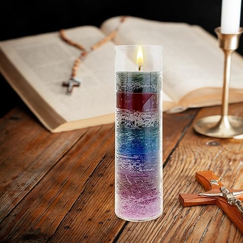 Miniatura 3 de Mega Candles 3 velas de oración devocional de vidrio de 7 colores sin perfume, velas de cera vertida a mano de 2 x 8 pulgadas, ideal para santuario,