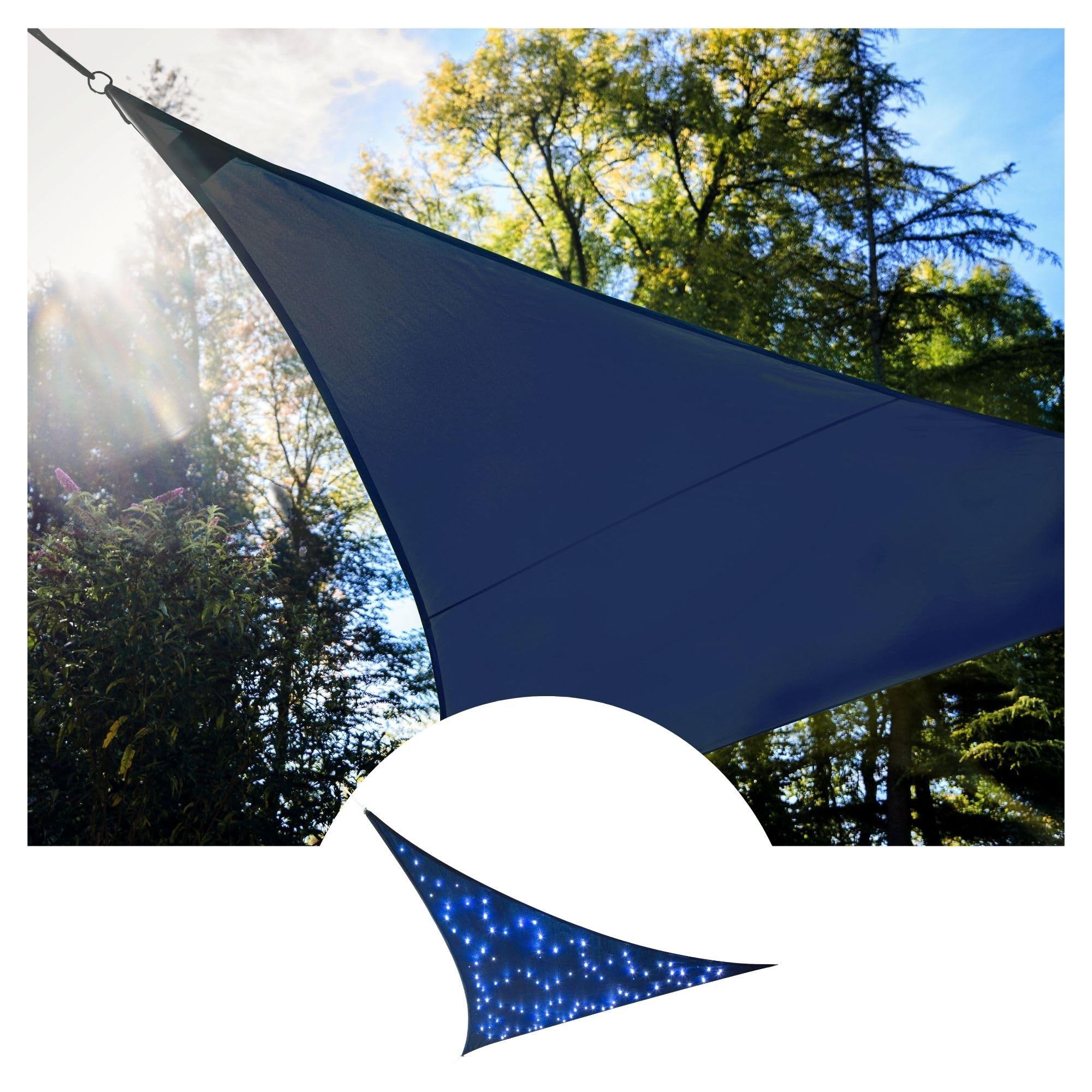 Perel Dreieckiges Sonnensegel mit 100 LEDs Sternenhimmel, atmungsaktives HDPE, wasserdurchlässig, UV-Schutz 90%, 3.6 x 3.6 x 3.6 m Solar LED Beleuchtung, Shade Sail für Garten und Terrasse