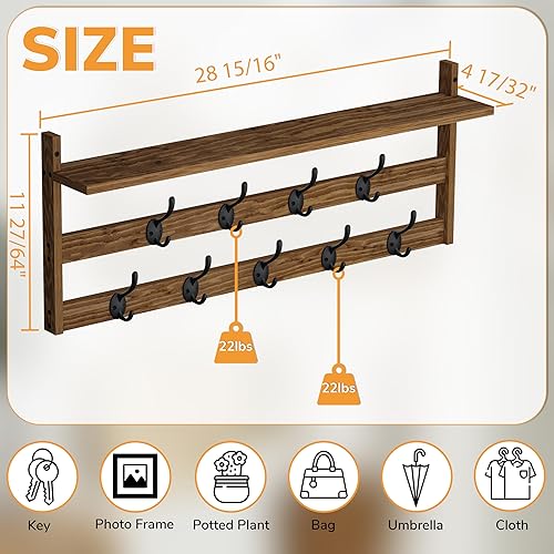 Miniatura 3 de AMBIRD Perchero de pared con estante, ganchos de pared de 29 pulgadas montados en la pared con 9 ganchos de metal para entrada, baño, dormitorio,