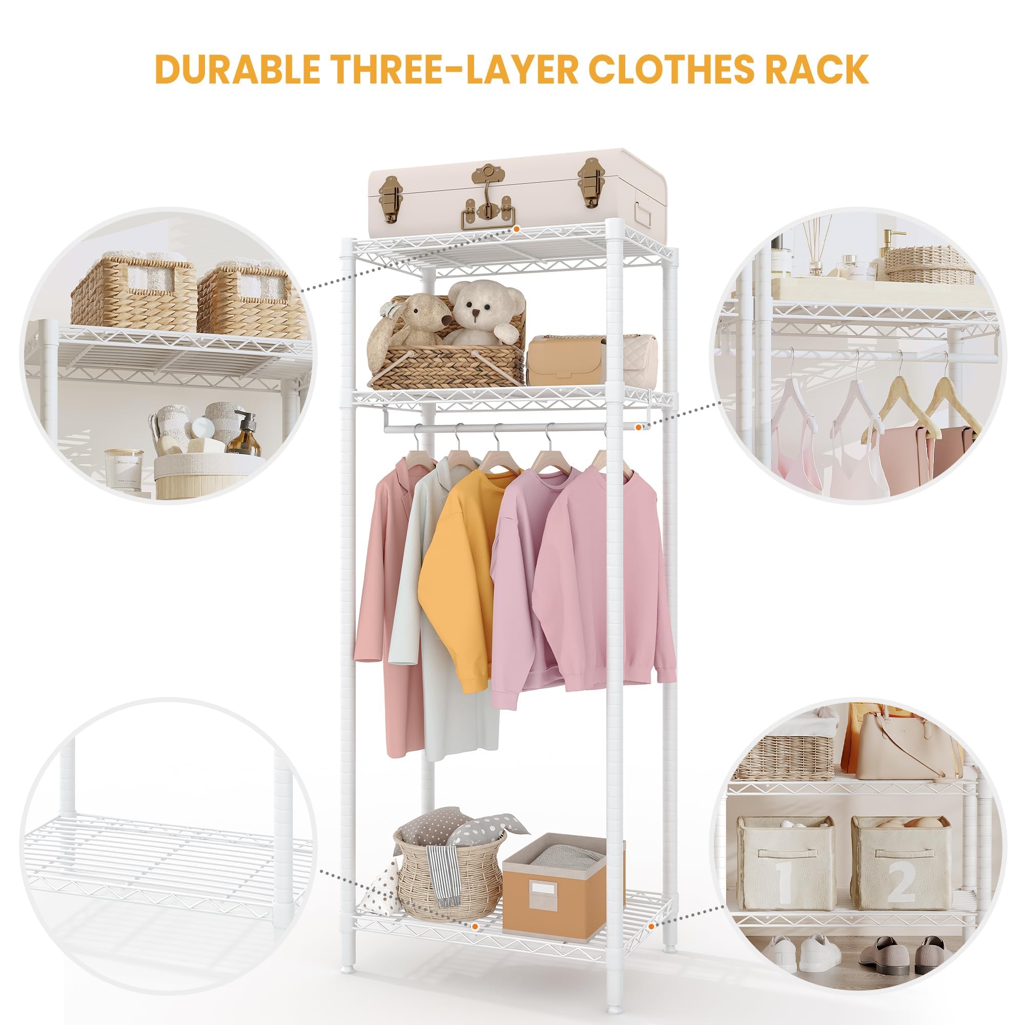 Perchero de Pie Mini Metálico, 3 Estantes y 1 Barra Colgadora, Blanco, 60x40x180 cm, Ahorro de Espacio para Dormitorio y Salón