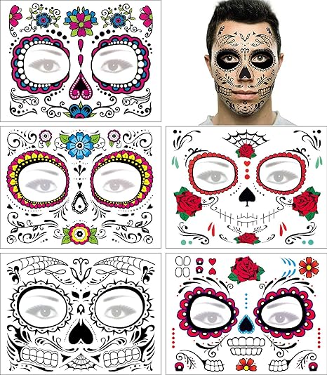 Day of the Dead Face Tattoo Halloween Makeup Tattoos Decor Stickers Sugar Skull Temporary Tattoo for Halloween Masquerade Party with Floral, Glitter Roses, Web and Floral Skeleton Design 5 PACK