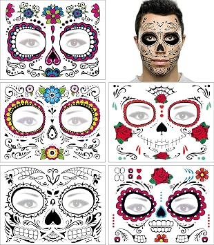Day of the Dead Face Tattoo Halloween Makeup Tattoos Decor Stickers Sugar Skull Temporary Tattoo for Halloween Masquerade Party with Floral, Glitter Roses, Web and Floral Skeleton Design 5 PACK