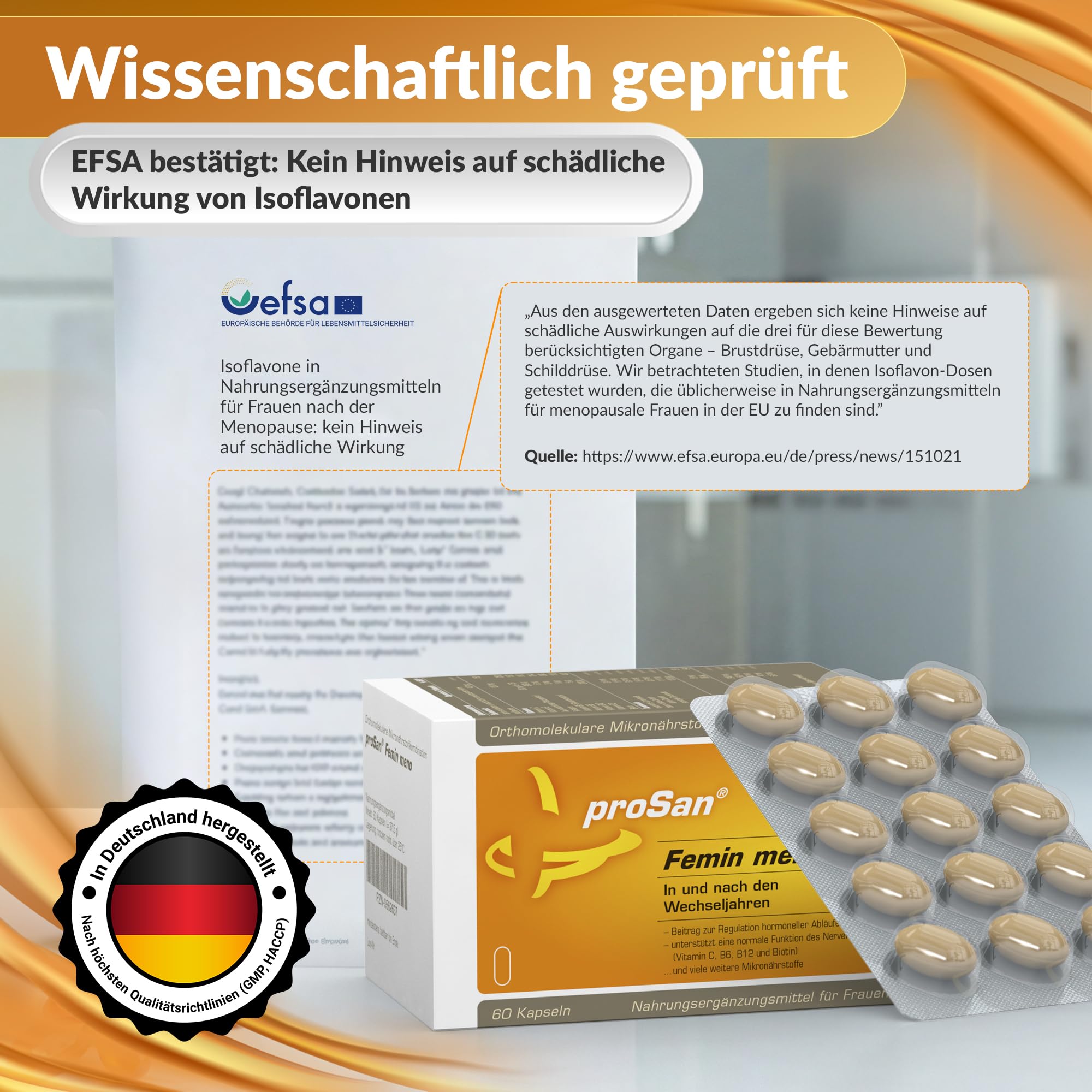 proSan Femin meno Wechseljahre Kapseln (Monatspackung: 60 Kapseln) | natürlich & pflanzlich, hormonfrei, Isoflavone & Vitamine, Omega 3-Fettsäuren & Nachtkerzenöl, Mineralien & Carotinoide