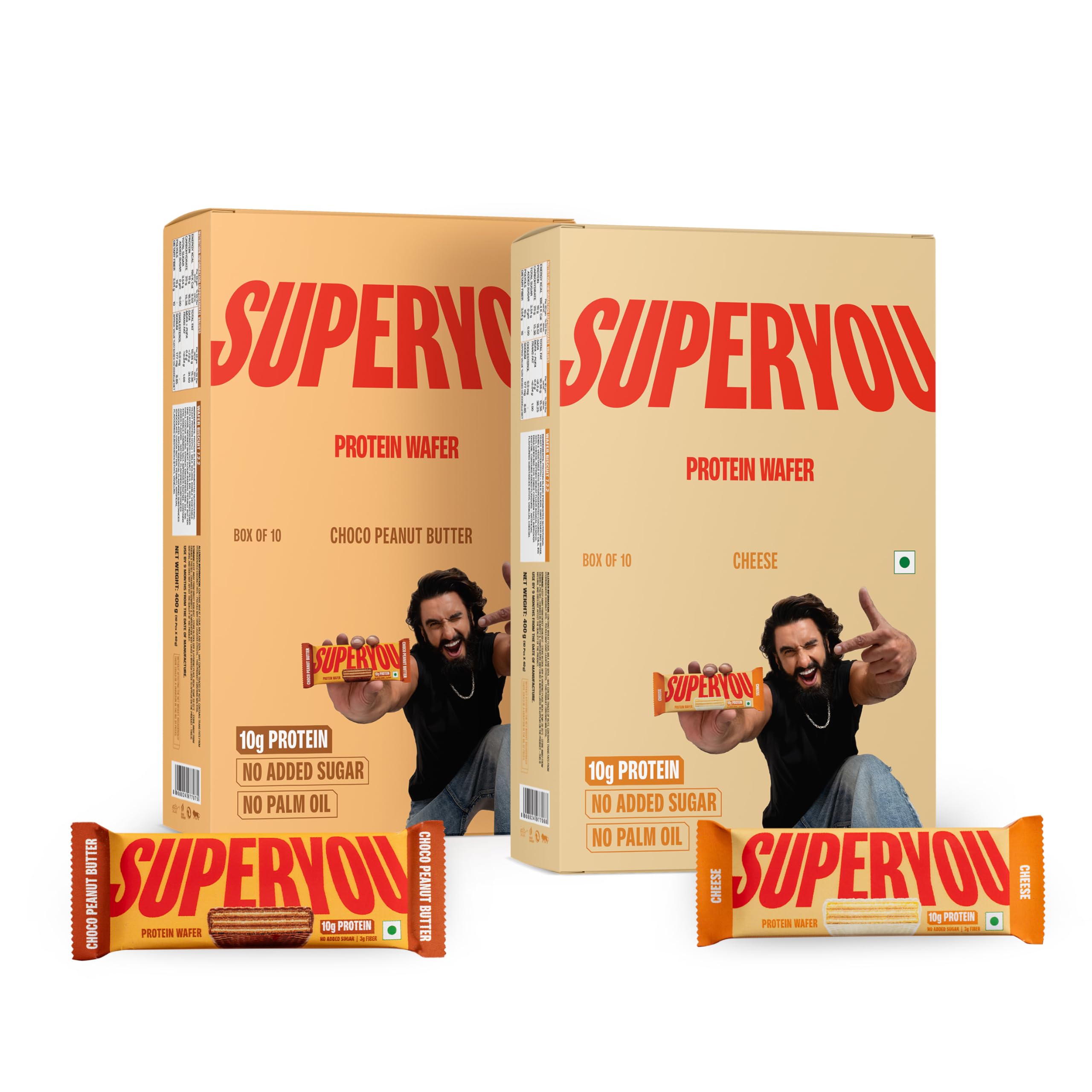 Superyou Choco Peanut Butter Protein Wafer Bars (Pack of 10) & Cheese (Pack of 10)|10G Protein,3G Fiber,No Added Sugar|Yeast Fermented Protein|Crunchy Wafer Bar|100% Vegetarian|No Palm Oil|800G