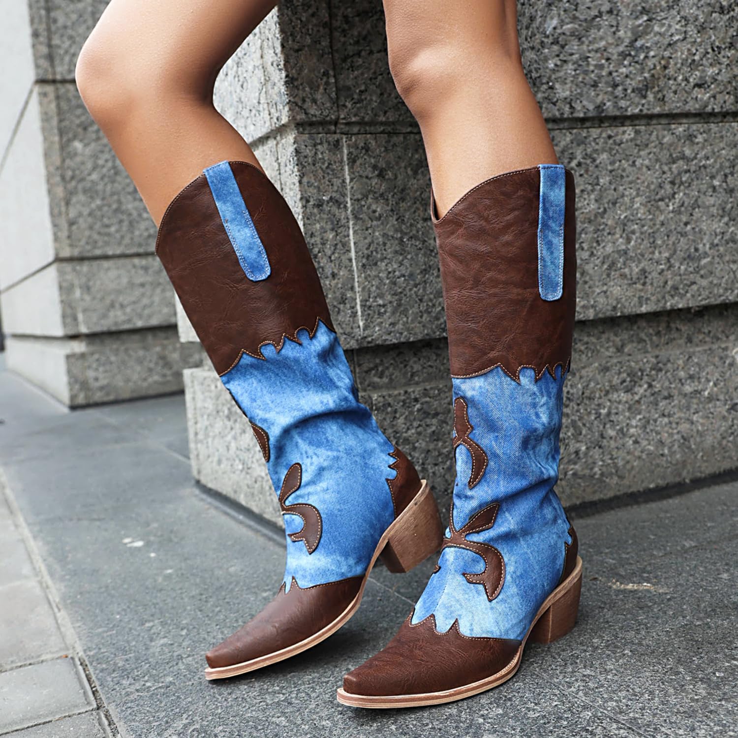 Cozivwaiy Women Denim Cowboy Boots Patchwork Knee High Boots Colorblock Western Cowgirl Mid Calf Jeans Shoes Pointed Toe Chunky Heel Pull On - Image 6