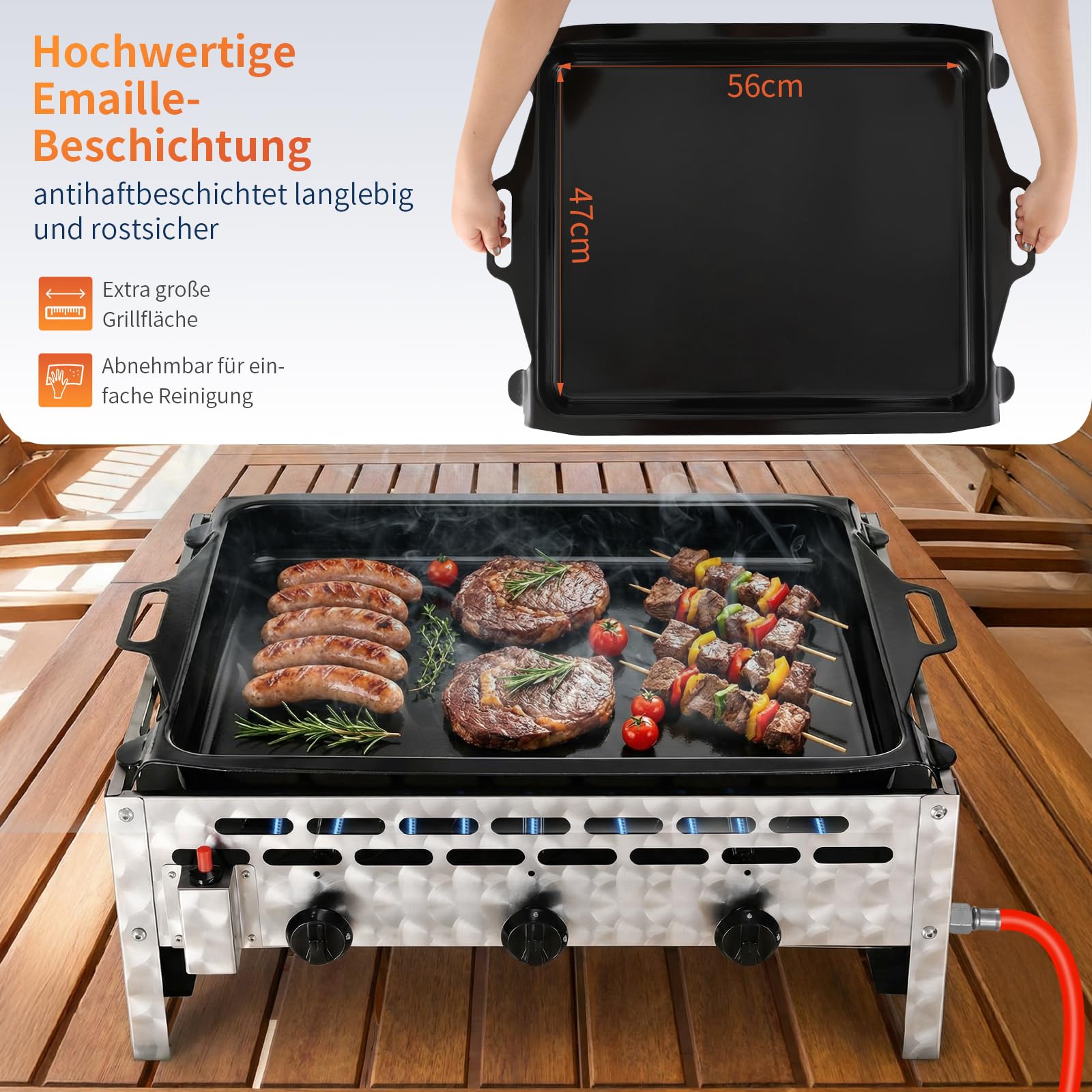 TLSUNNY Edelstahl Gasbräter 3-flammig 12 kW, Gasgrill Kommerzieller, Profi Gastrobräter & Tischbräter mit Emaille-Grillplatte, Gleichmäßig Tischgrill für Gastronomie, Outdoor, Garten, 69x52x27 cm