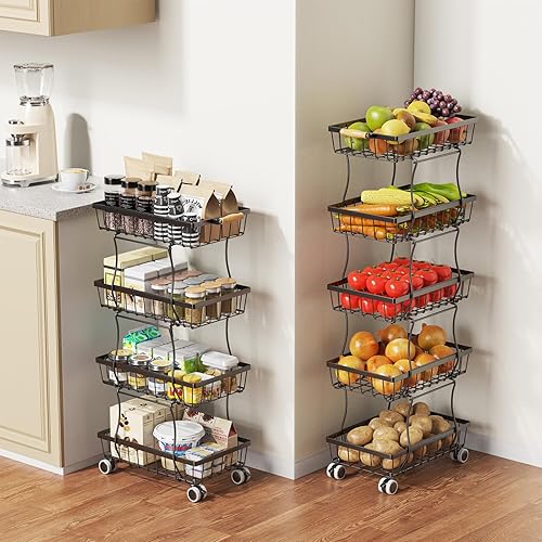 Miniatura 7 de Cesta de frutas delgada de 5 niveles para cocina, cesta apilable de alambre para almacenamiento de frutas y verduras, organizador con ruedas, cesta