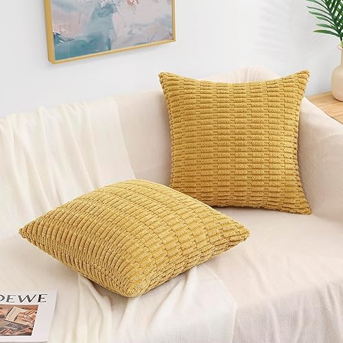 Miniatura 5 de decorUhome Juego de 2 fundas de almohada decorativas de otoño amarillo mostaza de 24 x 24 pulgadas, fundas de almohada cuadradas de pana suave a