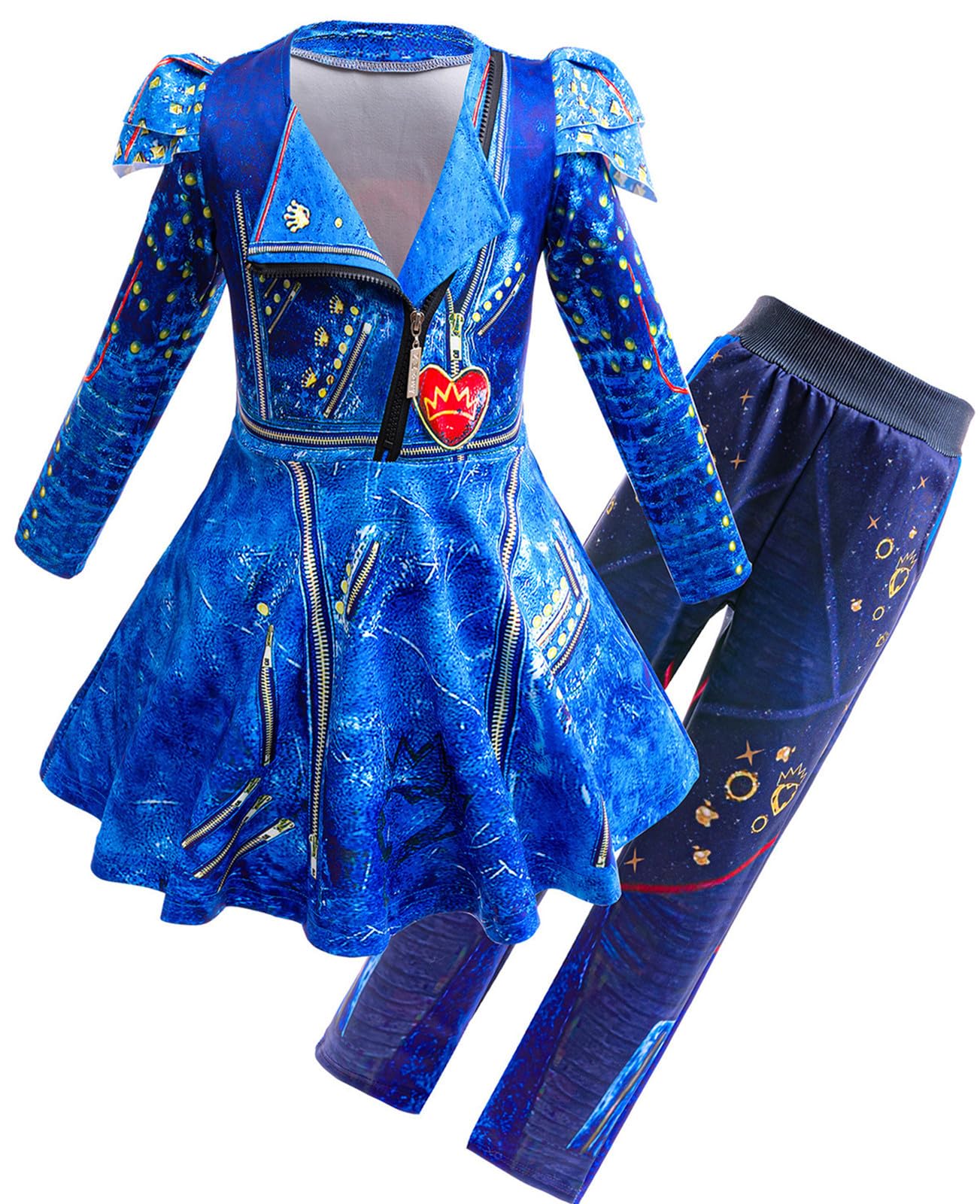 IWFREE Evie Cosplay Costume Girl Fancy Dress Evie Blue Print Outfit Jacket and Trousers for Carnival Halloween Party Masquerade Costume 110-160