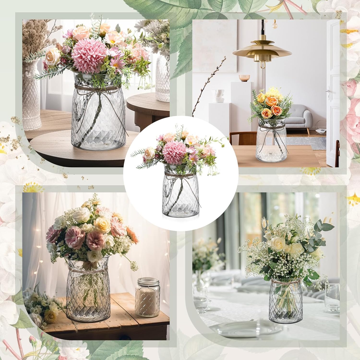 Bokon 6 Pcs 4.3 in Caliber Plastic Vases Bulk for Centerpieces Table 6.3 in Bud Vases Clear Planter for Flower with Rope Design Plant Containers for Wedding Dinning Home Decoration (Clear)